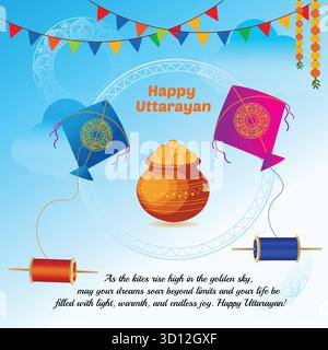 Happy Uttarayan Festival Celebration mit bunten Kites Blaue und rosa Drachen fliegen über einem Topf Süßigkeiten mit Fadenspulen Stock Vektor