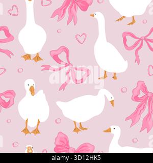 Nahtloses Muster mit rosafarbenen Schleifen und Gänsevögeln. Niedliches Kinderzimmer und mädchenhafter Hintergrund. Vektorabbildung. Stock Vektor