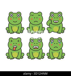 Entzückender Cartoon mit einer Sammlung niedlicher Froschfiguren mit verschiedenen Gesichtsausdrücken, beginnend mit Lächeln, traurigen, lachenden, bitteren, wütenden, A Stock Vektor