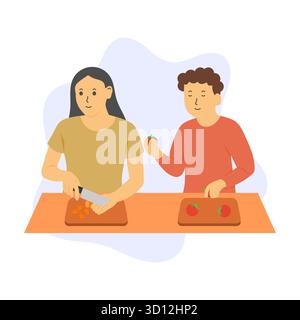 Flache Illustration von zwei Personen, die Gemüse auf einem Schneidebrett hacken, Karotten und Tomaten schneiden. Geeignet zum Kochen, Zubereiten von Lebensmitteln und Culi Stock Vektor