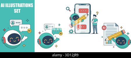 AI Chat Bot und Neural Network Technology Set. Szenen von Charakteren, die mit dem Assistenten für künstliche Intelligenz kommunizieren. Vektorabbildung. Stock Vektor