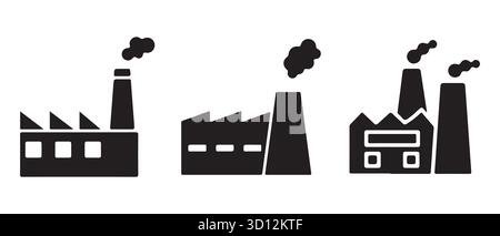 Symbole Für Die Silhouette Der Industriefabrik. Vektorsatz für Themen Fertigung und Verschmutzung. Stock Vektor