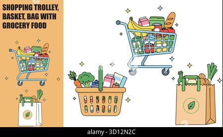 Lebensmittelladen und gesunde Ernährung Konzept. Isometrischer Vektor von Trolley, Korb, Tasche mit Gemüse, Obst, Milchprodukte, Brot und Stock Vektor