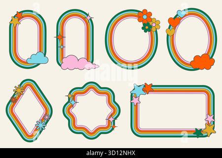Rainbow Retro-Rahmen. Funky geometrische Ränder für Foto und Bild. Groovige, niedliche gestreifte Formen. Abstrakte mädchenhafte Dekorationselemente für trendiges Design Stock Vektor