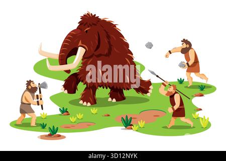 Das Alter von Hunter-Gatherer. Paläolithiker arbeiten gemeinsam bei der Mammutjagd. Zeichentrickfigur Illustration. Isolierter weißer Hintergrund. Vektor Stock Vektor
