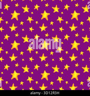 Ein helles nahtloses handgezeichnetes Muster mit goldenen Sternen auf violettem Hintergrund. Illustration mit Farbstiften. Eine Zeichnung eines Kindes. Für Textilien Stockfoto