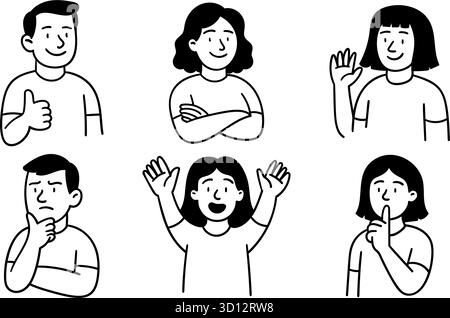 Schwarz-weiß-Sammlung mit mehreren Doodle-Porträts mit verschiedenen emotionalen Ausdrücken und Handgesten. Isoliert auf transparentem Hintergrund. St Stock Vektor