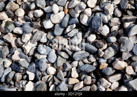 Aus nächster Nähe sehen Sie natürlich verwitterte Flusskies und Steine in verschiedenen Größen und zeigen glatte, abgerundete Oberflächen mit Farben von weiß bis weiß Stockfoto