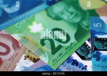 Geldscheine in kanadischer Dollar. CAD-Geldscheine im Stapel mit unterschiedlicher Stückelung Nahaufnahme Stockfoto