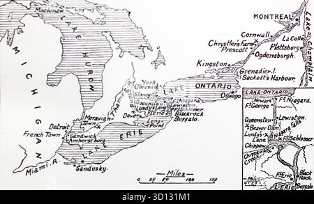 Eine Skizzenkarte von Kanada aus dem Jahr 1812. Das 41st (Welch) Regiment of Foot spielte während des Krieges von 1812 eine wichtige Kampfrolle in Kanada und diente als eine der wichtigsten regulären britischen Einheiten, die Oberkanada gegen die amerikanische Invasion verteidigten. Aus einem gedruckten Bild, das 1932 von Western Mail and Echo Ltd unter dem Titel The History of the Welch Regiment veröffentlicht wurde. Stockfoto