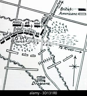 Zeichnen Sie eine Karte für die Schlacht von Lundy’s Lane, die am 25. Juli 1814 in der Nähe der Niagarafälle in Oberkanada (heute Ontario) ausgetragen wurde und eine der blutigsten Gefechte des Krieges von 1812 war. Es endete nicht eindeutig, aber der amerikanische Vormarsch nach Kanada wurde gestoppt. Aus einem gedruckten Bild, das 1932 von Western Mail and Echo Ltd unter dem Titel The History of the Welch Regiment veröffentlicht wurde. Stockfoto