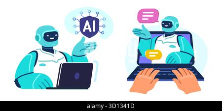 KI-Assistent. Mann mit Laptop und Roboterassistent. Technologiekonzept künstlicher Intelligenz Stock Vektor