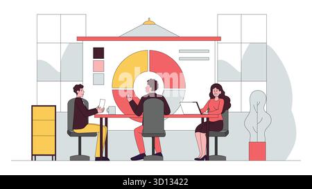 Drei Personen an einem Tisch diskutieren eine Tortendiagramm-Präsentation in einem hellen, modernen Bürobereich Stock Vektor