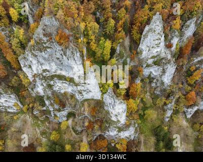Blick aus der Vogelperspektive, Blick von oben auf markante Felstürme, Weissjura, jurassische Kalksteinklippen, Kalksteinfelsen, umgeben von herbstlicher Vegetation, gemischt von Stockfoto