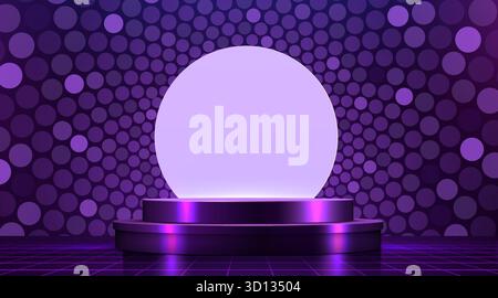 Abstraktes lila Produktpodium mit Neonlichtern und kreisförmigem Hintergrund, ideal für moderne Produktpräsentationen. Vektorabbildung. Stock Vektor