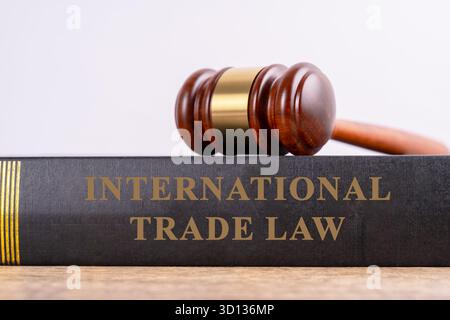 Gavel und internationales Handelsrecht - Recht und Gerechtigkeit Stockfoto