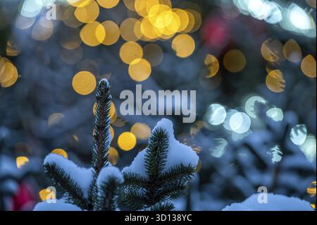 Verschwommener Hintergrund des Weihnachtsbaums mit Dekorationen. Bokeh-Girlanden im Hintergrund, Kopierraum Stockfoto