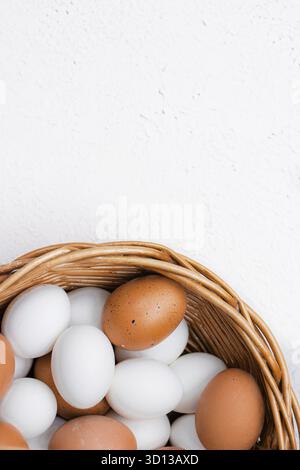 Hühnereier auf einem karierten Küchentuch auf einem Lichttisch. Das Konzept der landwirtschaftlichen Erzeugnisse und der natürlichen Ernährung. Artikel und Anzeigen über hausgemachte Produkte. Frisch Stockfoto