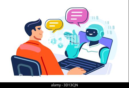 KI-Assistent, Online-Beratung. Mann mit Laptop und Roboterassistent. Technik der künstlichen Intelligenz Stock Vektor