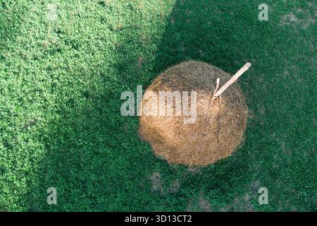 Runder goldener Heuballen auf lebendig grüner Sommerwiese, Blick von oben auf ländliches Ackerland und Ernte unter hellem Sonnenlicht Stockfoto