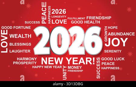 2026 Begrüßungsposter, Banner oder Hintergrunddesign-Element in Word Cloud Stock Vektor