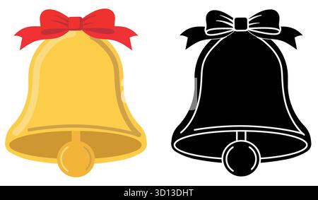 Goldene Weihnachtsglocke mit roter Schleife und Schleife, festliches Designelement in Farbe und Silhouette Stock Vektor