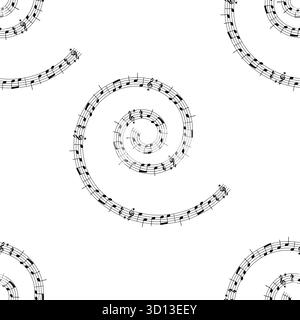 Noten in einem spiralförmigen nahtlosen Muster, musikalische Notation gekachelt Hintergrund auf weißem Hintergrund Stock Vektor