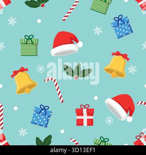 Festliches nahtloses Muster mit Weihnachtsmotiven, Weihnachtsmütze, Zuckerrohr stechpalme und Geschenken auf einem sich wiederholenden Hintergrund Stock Vektor