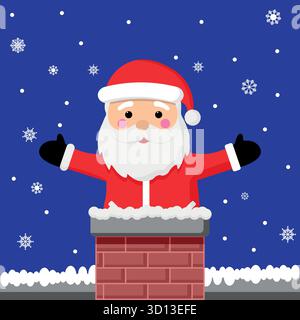 Weihnachtsmann in roter Jacke und Hut klettern über einen Kamin mit einer festlichen Grußbotschaft, Weihnachtskarte oder Poster Design-Element Stock Vektor