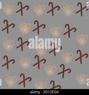 Festliches nahtloses Muster mit Zuckerstangen und Kaffeetassen auf grauem Hintergrund. Perfekt für Geschenkpapier, digitale Hintergrundbilder, Karten Stockfoto