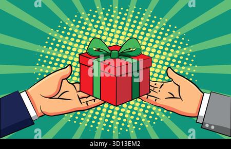 Hände im Retro-Comic-Stil mit Halone-Geschenk oder -Empfang, Weihnachtsartikel oder Geburtstagselement mit Schleife und Schleife Stock Vektor