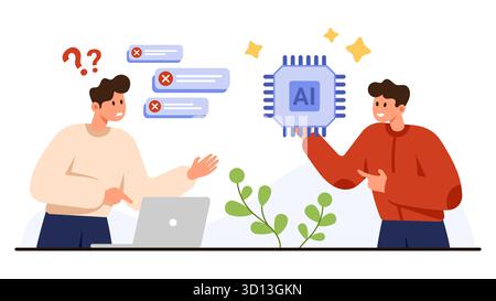 Zwei Personen diskutieren KI-Lösungen zur Fehlerbehebung von Computerproblemen und heben die Einführung künstlicher Intelligenz und die Problemlösung in der Technologie hervor, isoliert auf einer Vektorillustration mit weißem Hintergrund Stock Vektor
