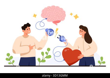 Zwei Menschen verbinden Gehirn und Herz mit Steckern und symbolisieren emotionale Intelligenz, Selbstbewusstsein und Empathie in der persönlichen Entwicklung, isoliert auf weißem Hintergrund Vektorillustration Stock Vektor