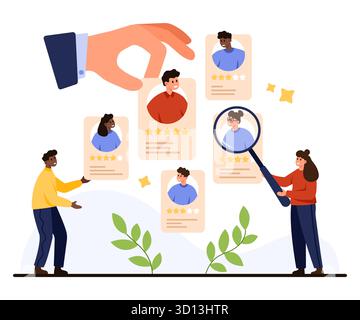 Personalexperten bewerten Bewertungsprofile, bewerten Mitarbeiter und wählen den besten Mitarbeiter für eine Position aus, isoliert auf weißem Hintergrund Stock Vektor