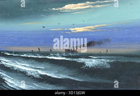 Ein handgemaltes japanisches Meeresbild aus der Zeit um 1910 fängt ein Dampfschiff ein, das bei Sonnenaufgang oder Abenddämmerung durch abgehackte Wellen fährt. Der Himmel leuchtet in Blau- und Orangetönen, während Vögel über den Himmel schweben und Segelboote in der Ferne treiben. Der Kontrast zwischen industriellem Rauch und natürlicher Gelassenheit ruft Übergang, Bewegung und das stille Drama des maritimen Lebens hervor. Von einer nicht zugeschriebenen Originalpostkarte. Stockfoto