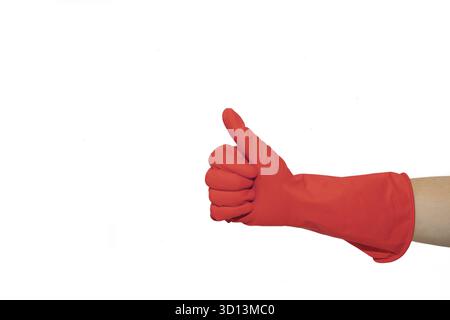 Wie das Abzeichen eines roten Gummihandschuh. Ziehen Sie das Symbol mit dem Finger nach oben. Schwere Geste. Auf weissem Hintergrund Stockfoto