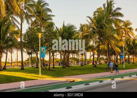 Friedlicher abendlicher Blick auf den Ocean Drive in Miami Beach mit Palmen, Radfahrern und Menschen, die entlang des grünen Parks spazieren. Miami Beach. USA. Stockfoto