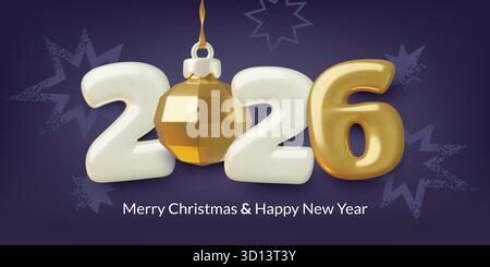 2026 Neujahrszahlen mit goldener Weihnachtskugel und Feuerwerk auf dunkelblauem Hintergrund. Stock Vektor