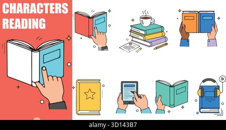 Lese- und Lernpädagogik. Charaktere mit Papierbüchern, E-Books, Hörbüchern und Bibliothekselementen. Studie Konzept Vektor-Illustration Stock Vektor
