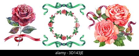 Sammlung von quadratischen Valentinskarten: Sträuße aus rosa, roten Rosen, Knospen, Blättern, Bändern. Handzeichnung, Vintage Aquarellstil Stockfoto