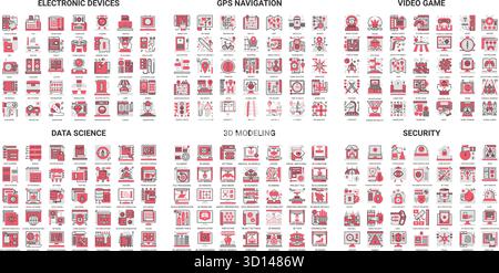 Videospielgeräte, Wissenschaft Datenerziehung, Internet-Sicherheit dünne rote schwarze Linie Symbol Vektor Illustration Set. Skizzieren Sie die Technologie für Cybersicherheit im Netzwerk, 3d-Modellierung, GPS-Navigation auf Reisen Stock Vektor