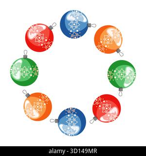Vintage-Weihnachtsbaumschmuck in einem kreisförmigen Kranz im Cartoon-Stil angeordnet. Stock Vektor