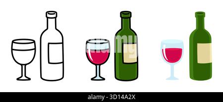 Weinflasche und handgezeichnetes Glas. Schwarz-weiße Linien, farbige und flache Zeichentrickzeichnung. Einfache Vektorgrafik-Illustration. Stock Vektor