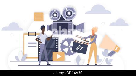 Kreatives Filmproduktionskonzept mit Menschen, Filmkamera, Wandtafel, Filmrolle und Wolkenformen für digitale Medien, Filmgestaltung und Unterhaltungsprojekte Vektorillustration Stock Vektor
