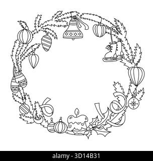 Kranz Aus Kiefernzweigen Und Weihnachtsschmuck Und Malseite Für Erwachsene Und Kinder Stock Vektor