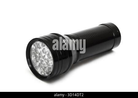 Kleine schwarze Taschenlampe isoliert auf weißem Hintergrund Stockfoto