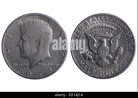 Objekt auf weiß - Amerika Half Dollar Münzen aus nächster Nähe Stockfoto