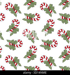 Leuchtende Bonbons und grüne Bögen sind in einem sich wiederholenden Muster angeordnet, perfekt für Weihnachtsdekorationen. Dieses fröhliche Design verleiht Ihrem Kind einen festlichen Touch Stock Vektor