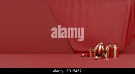 3D-Rendering eines roten Weihnachtspodiums mit Stoff, mit Geschenken und Ornamenten. Geeignet für einen festlichen Feiertagshintergrund und Produktpräsentation. Stockfoto