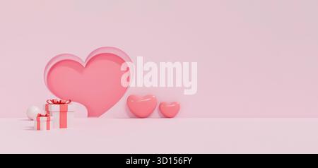 Horizontaler hellrosa Hintergrund mit weichen romantischen Herzen und Geschenken. Perfektes 3D-Rendering für Website-Banner, Social-Media-Header und sanfte Werbeaktionen Stockfoto